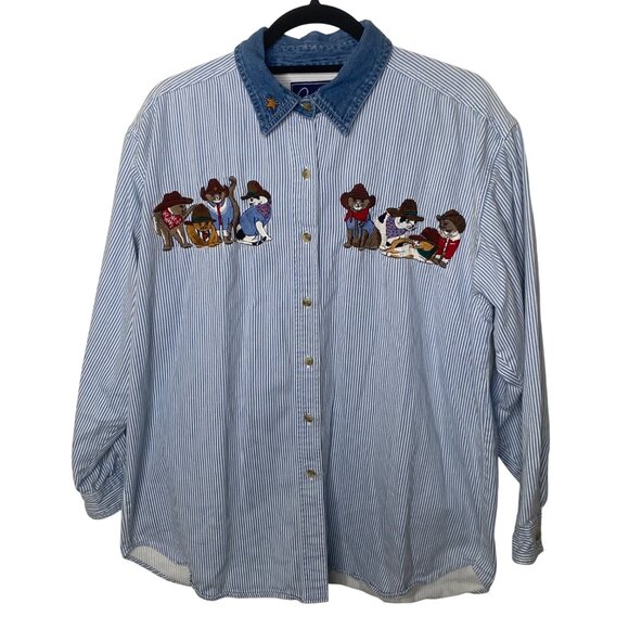 Quizz Again Cat Shirt Womens Size L Embroidered Kittens Button Down Blue Striped - Picture 1 of 10